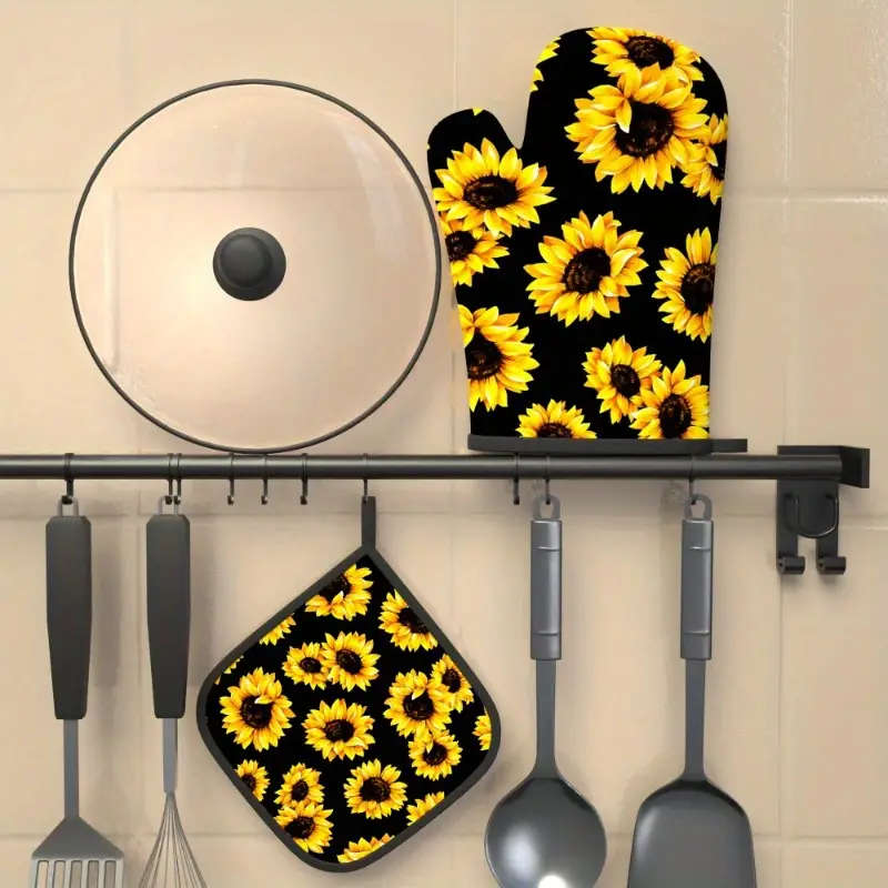 2pcs Sunflower Oven Mitt Set Heat Resistant Polyester Kitchen Gloves and Potholders Woven Machine Wa