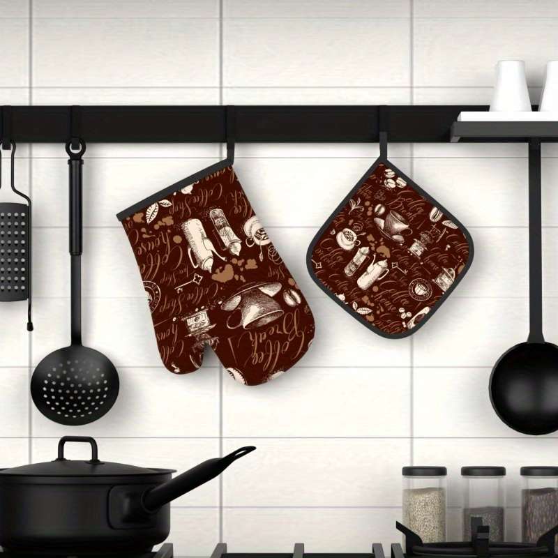 2pcs Vintage Coffee-Themed Heat-Resistant Oven Mitts Pot Holders 26.92x17.02 cm Brown with