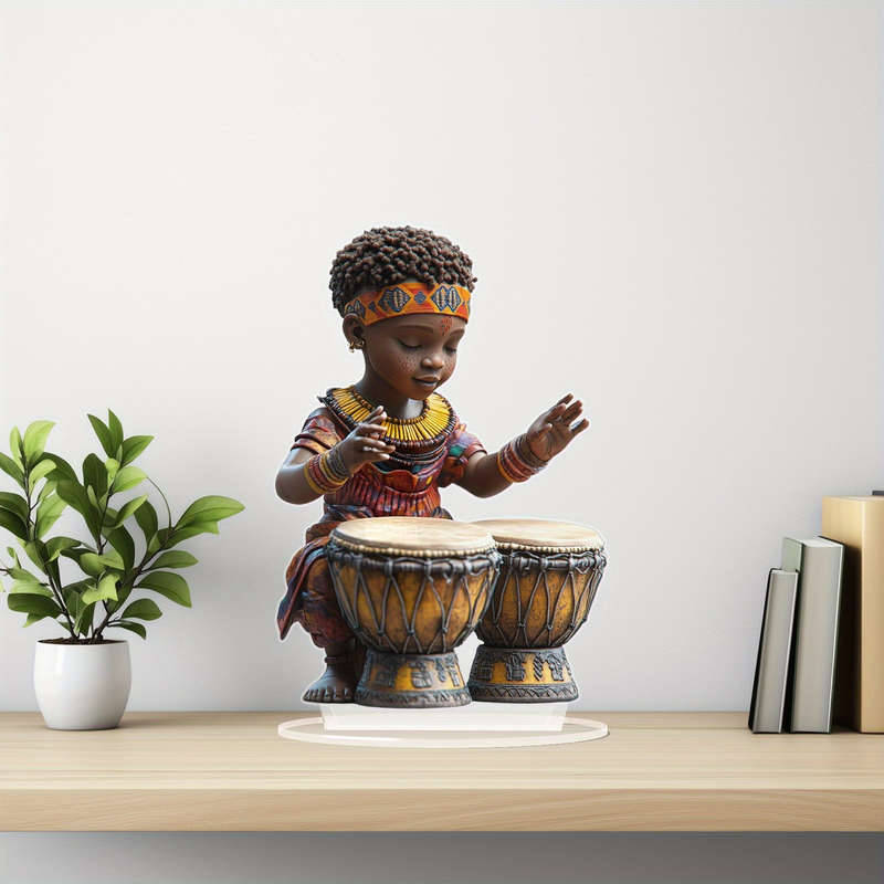 1pc 2D Flat   Acrylic African Boy Playing Drums Decorative Figurine Bohemian Style No Power Ne