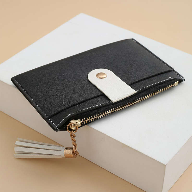 1pc Sleek Black Zipper Card Holder with Multiple Slots Tassel Charm Golden-Tone Accents C Li