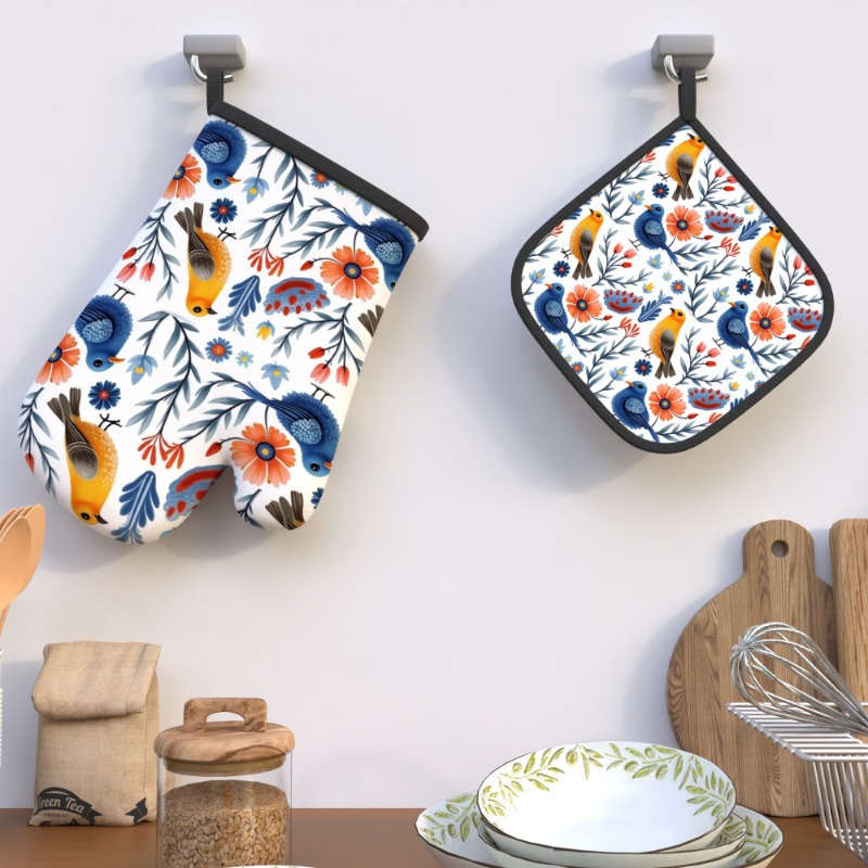 2pcs Floral Bird Design Heat-Resistant Oven Mitts 26.92x17.02 cm Colorful Polyester Kitche