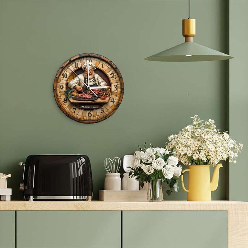 1pc Vintage Chef-Themed Wooden Wall Clock 24.89cm Round Silent Non-Ticking Timepiece Farmhouse Ki