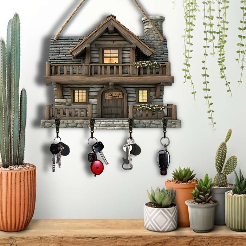 Charming Vintage Wooden Key Rack with 4 Metal HooksRustic Wall-Mounted Decorative Entryway Organi