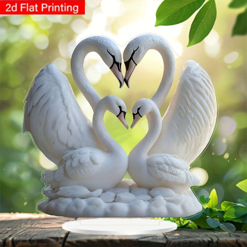 1pc 2D Flat   Acrylic Swan Couple Heart Sculpture Elegant Desktop Decor with Display Stand Rom