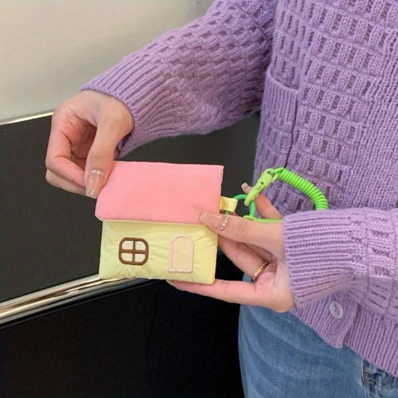 1pc Cute House-Shaped Keychain Pouch Mini Polyester Storage Bag with Rope Closure Pastel Colors