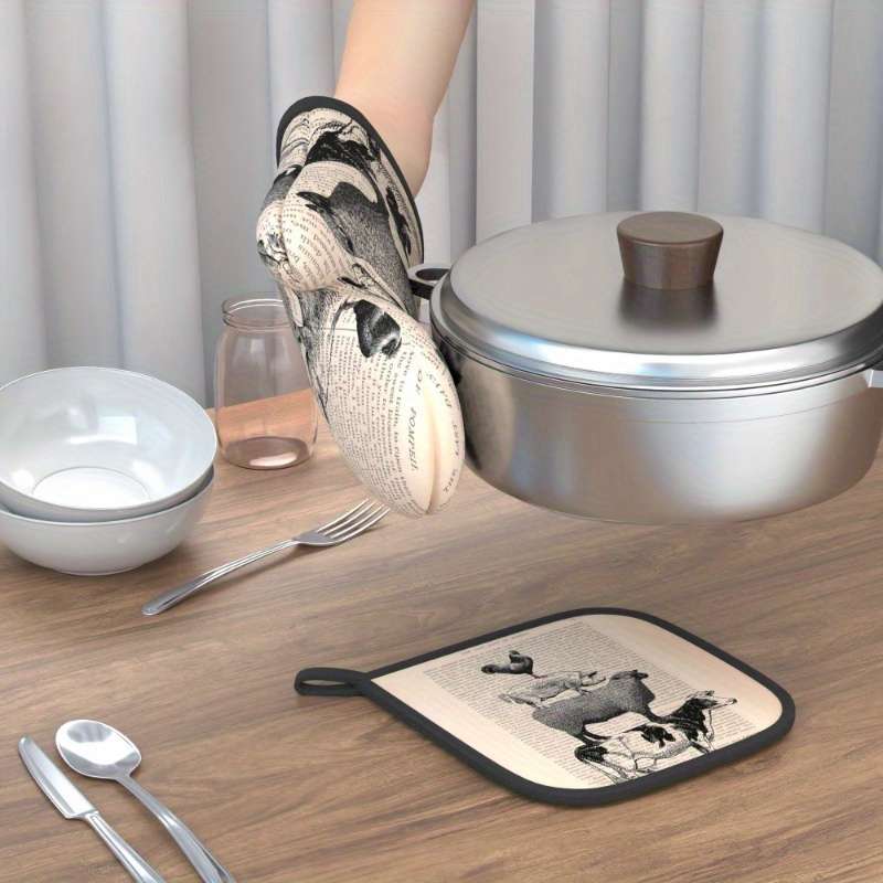 2pcs Vintage Farmhouse Kitchen Set 26.92x17.02 cm Oven Mitts Pot Holders with Chicken Pig