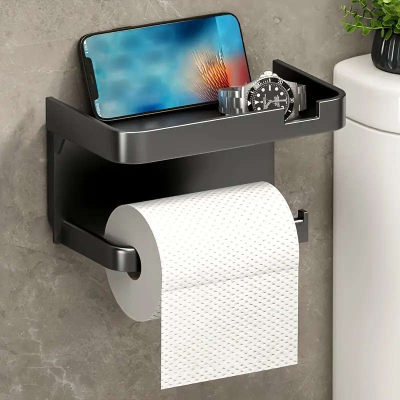 1pc Easy-Install No-Drill Stainless Steel Toilet Paper Holder with Phone Shelf Wall Mounted Space-Sa