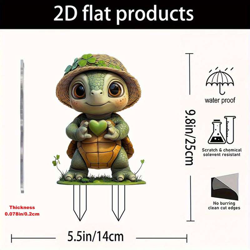 1pc 2D Flat    PrintingCute  Acrylic Turtle Garden Stake with Four Leaf Clover Vivi