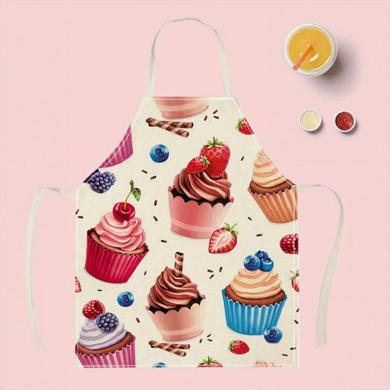 1pc Linen Apron with Cupcake Berry Print Easy-Clean Kitchen Cooking Baking Apron for Home