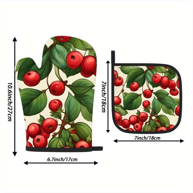 2pcs Heat-Resistant Oven Mitts Potholders Vibrant Red Berry Leaf Design 26.92x17.02 cm