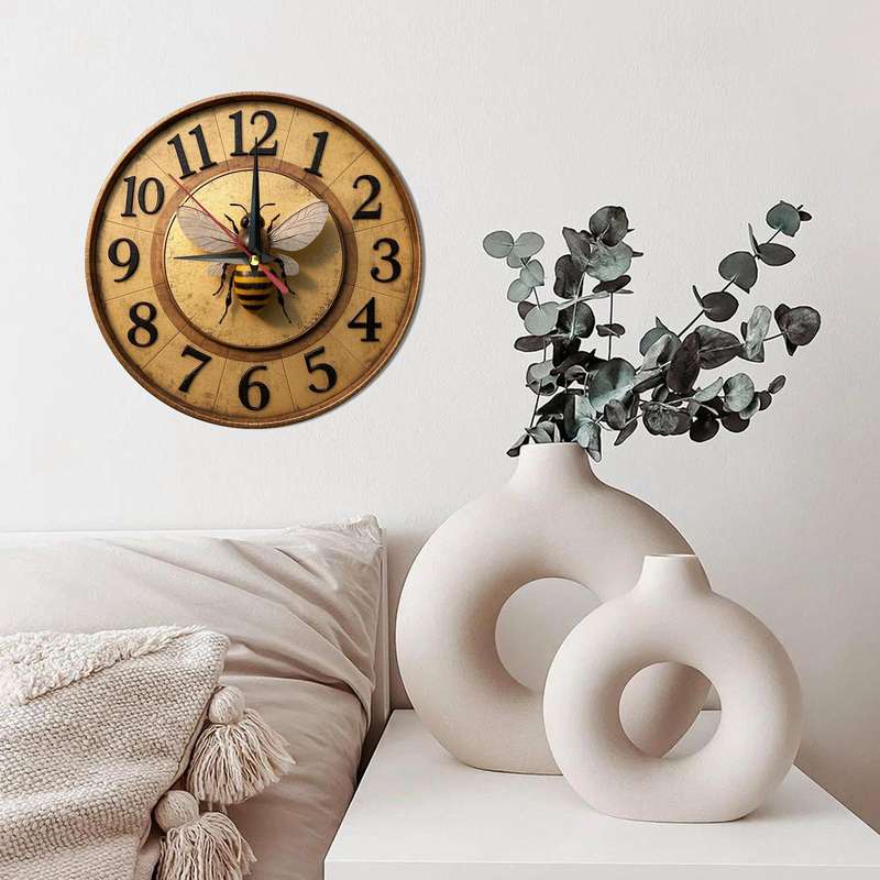 1pc Vintage Bee-Themed Wooden Round Wall Clock Silent Non-Ticking Farmhouse Decor for Kitchen Be