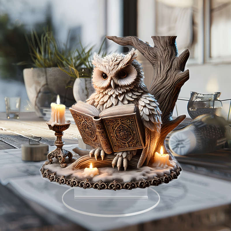 1pc 2D Flat  Retro Crystal Owl Reading Sculpture-  Acrylic Desktop Decoration Whimsical Animal T