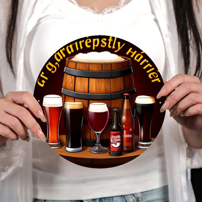1pc Vintage Beer Barrel Glasses Wall Decor 19.81cm Round Aluminum Sign Rustic Brewing Theme Durable
