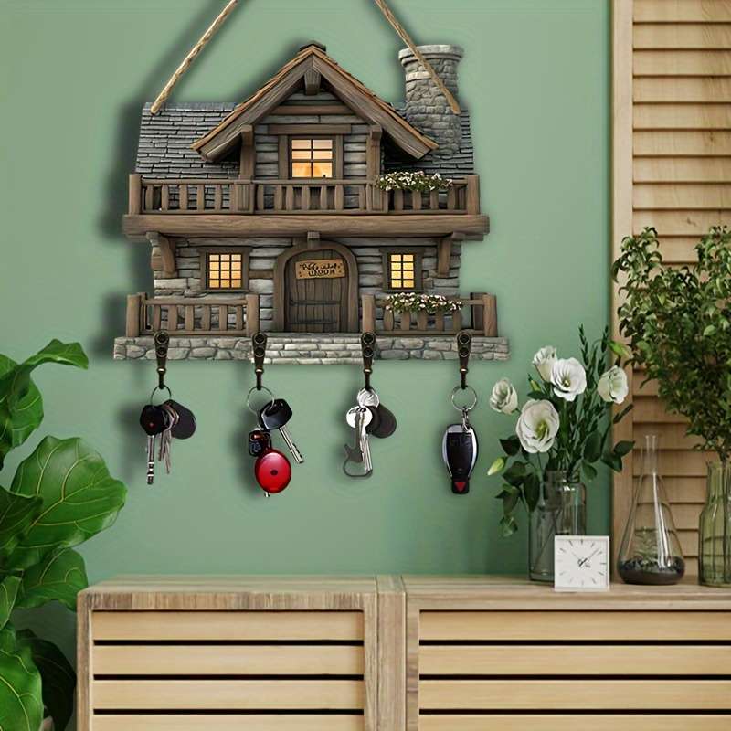 Charming Vintage Wooden Key Rack with 4 Metal HooksRustic Wall-Mounted Decorative Entryway Organi
