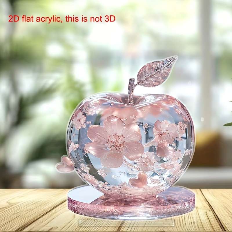 1pc 2D Flat  Acrylic Apple Decor with Pink Flowers Crystal Tabletop Ornament for Bedroom Living R