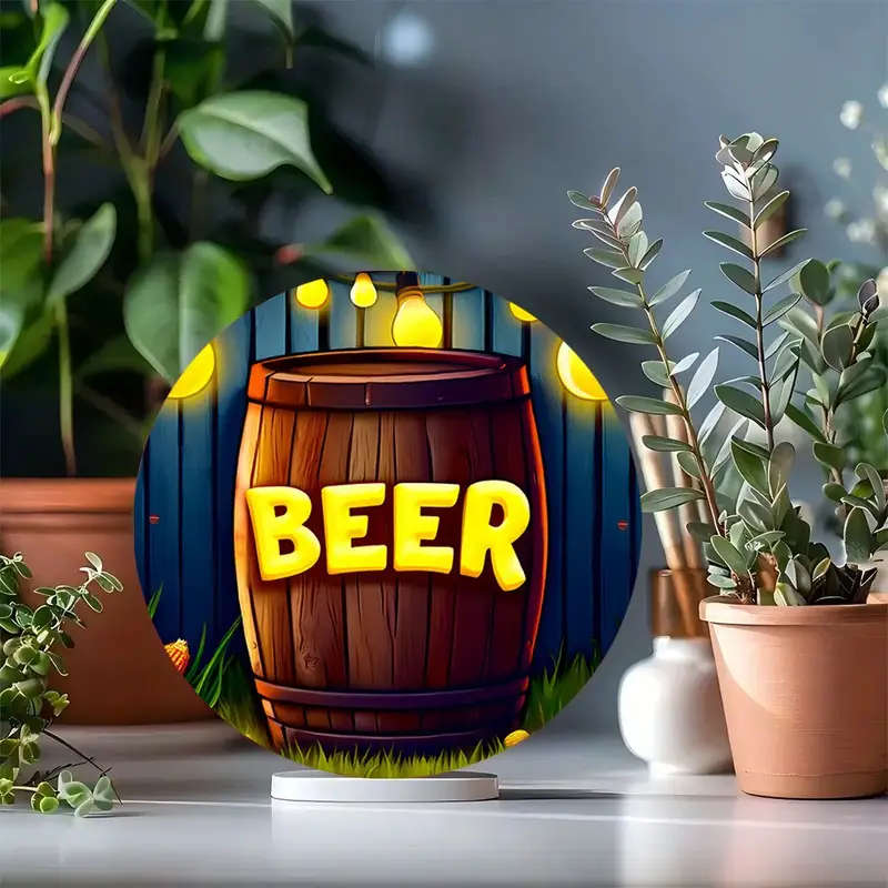 1pc BEER-Themed Neon Light-Up Barrel Wall Art - 19.81cm Round Aluminum Sign with Vibrant Colors Dura