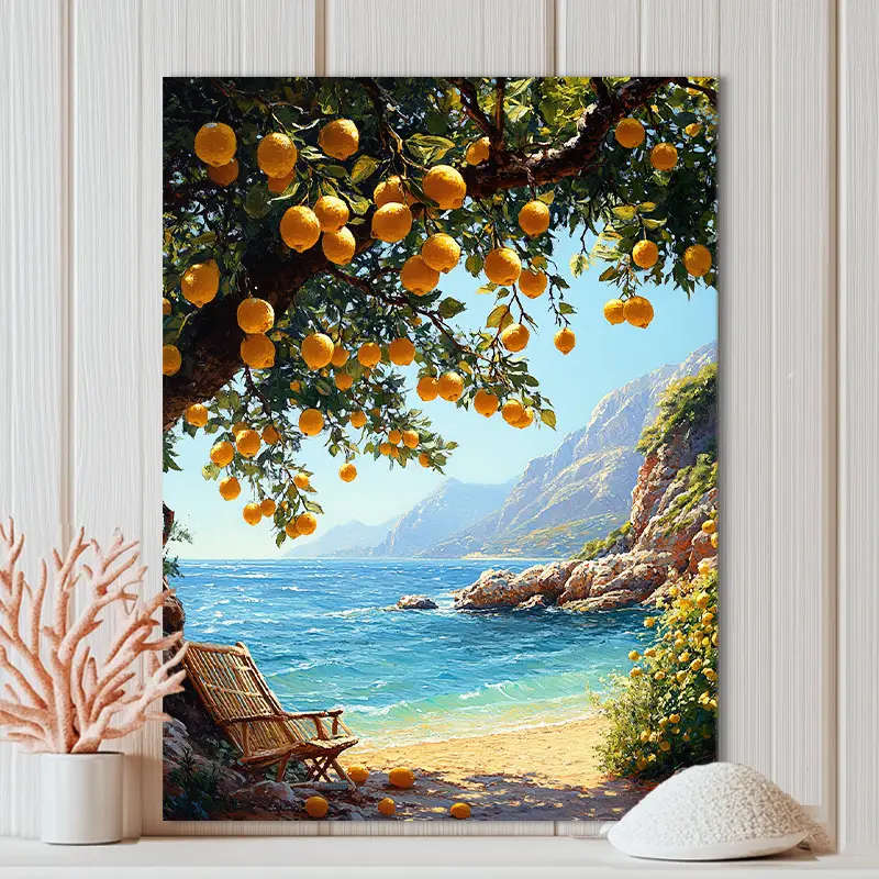 1pc Lemon Tree Coastline Canvas Poster Frameless Wall Art Decor Waterproof Fade-Resistant for Home O