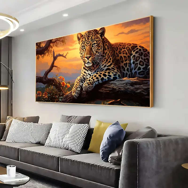1pc Frameless Modern Abstract Canvas Painting Featuring a Sunset Leopard Design in Golden Suitable f