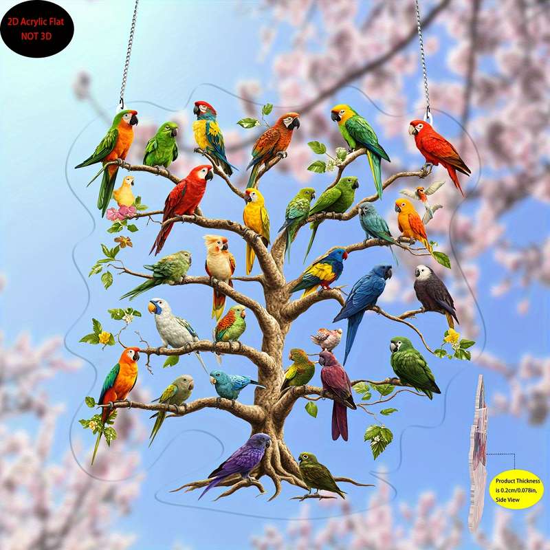1pc 2D Flat   Colorful Parrot Tree Acrylic 20.32cm x 20.32cm Bohemian Wall Hanging Vivid
