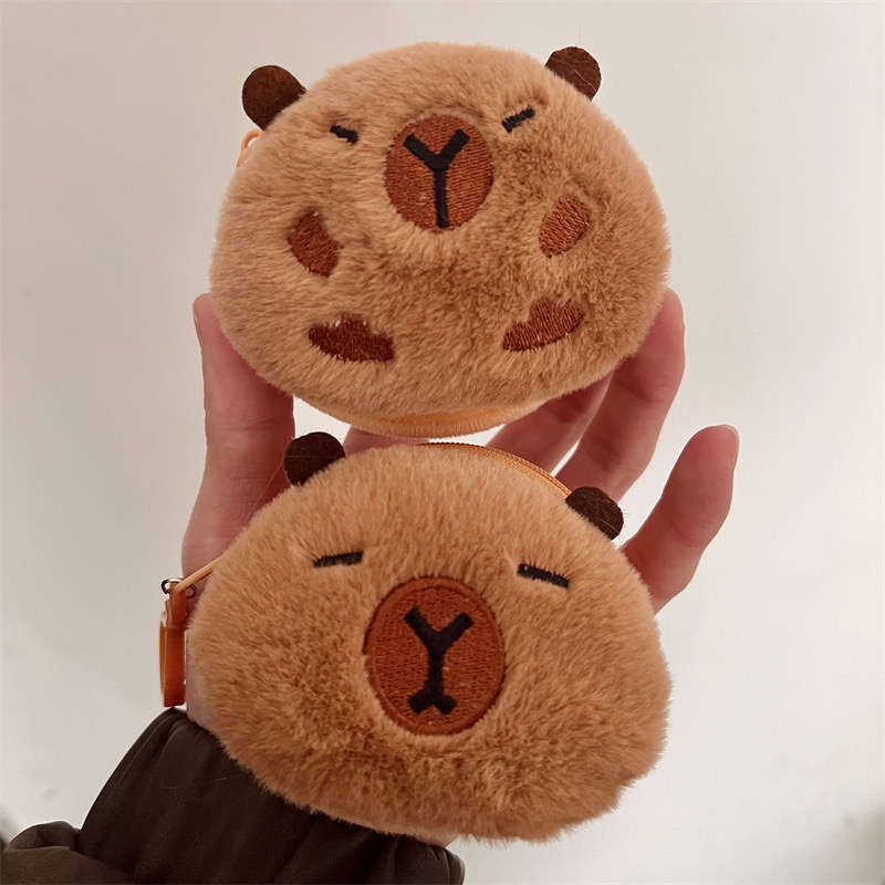 1pc Cute Capybara Round Plush Coin Purse with Keychain Adorable Brown Faux Fur Keychain Wallet P