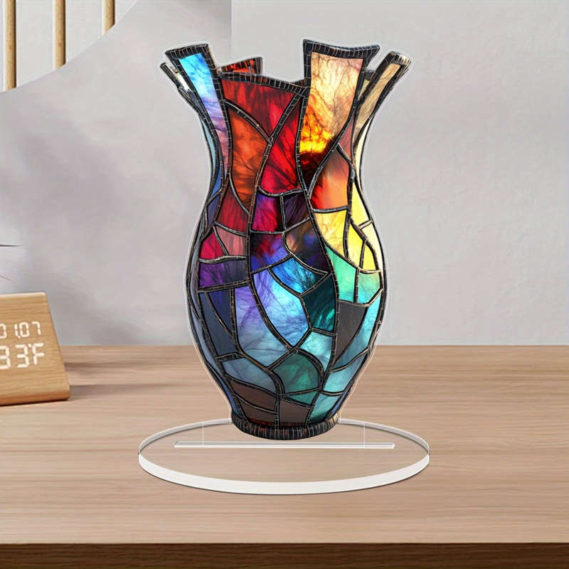 1pc 2D Flat  Colorful Stained Glass Acrylic Vase 11.18cm x 18.03cm Mosaic Design Dark Base with