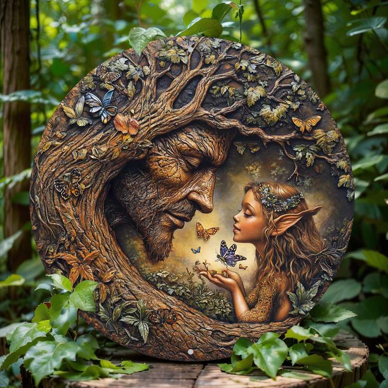 1pc 2D Flat 20.32x20.32cm Round Wooden Wall Art Vintage Tree and Flower Fairy Sign