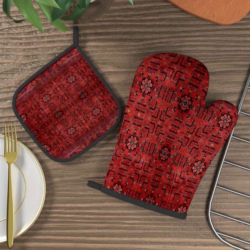2pcs Red Floral Heat-Resistant Oven Mitts with Black Accents 26.92x17.02 cm Polyester Pot Hol