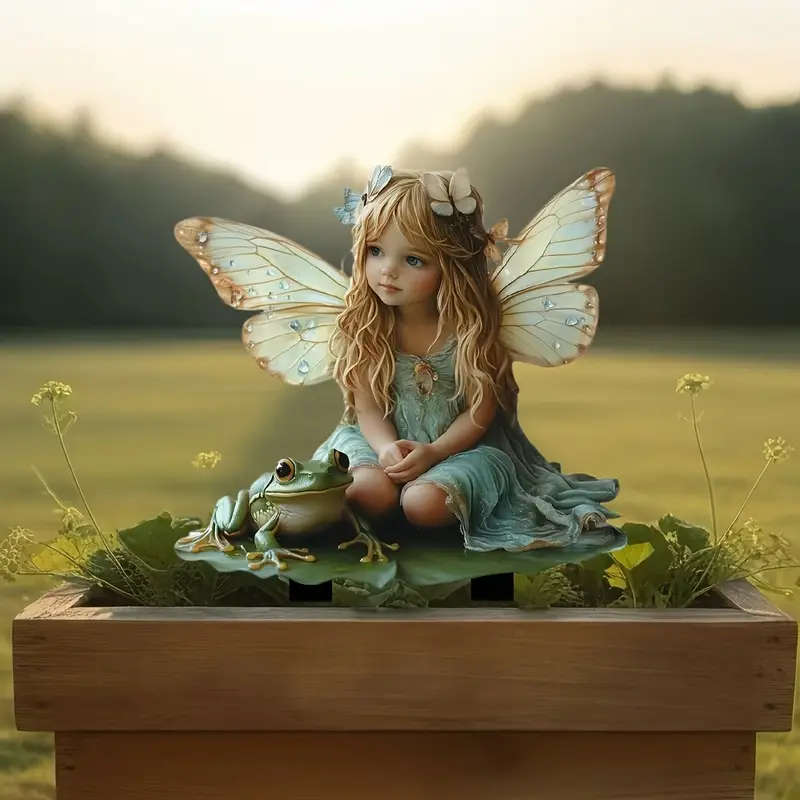 1pc Whimsical Bohemian Elf and Frog Garden Stake 2D Outdoor Decor with Blonde Fairy and Whimsical Fr