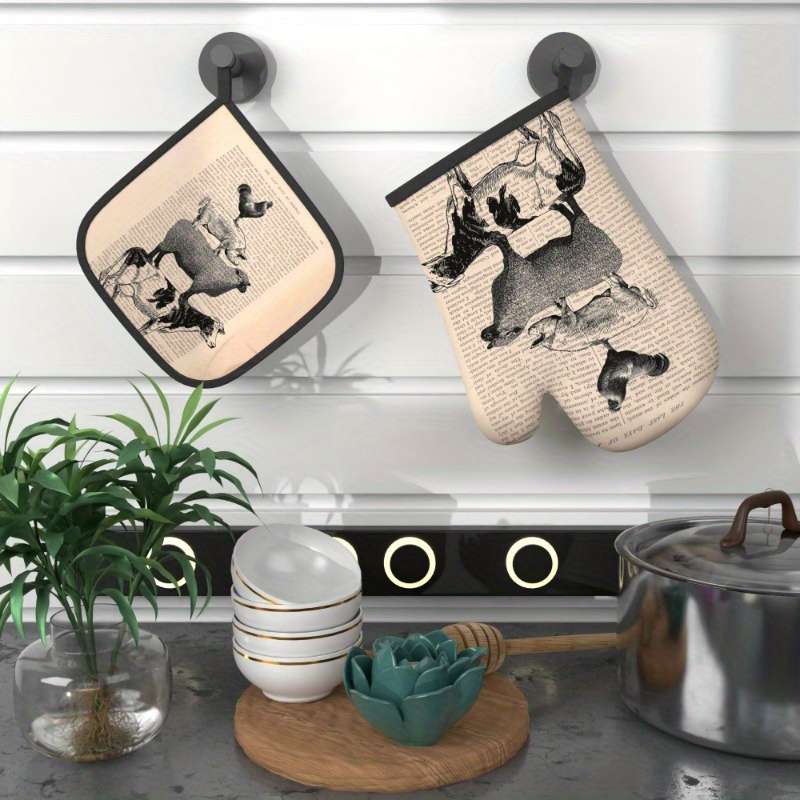 2pcs Vintage Farmhouse Kitchen Set 26.92x17.02 cm Oven Mitts Pot Holders with Chicken Pig