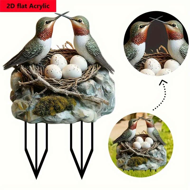 1pc 2D Flat Charming  Acrylic Hummingbird Garden Stake with Lifelike Birds Eggs Rustic Outdoor D