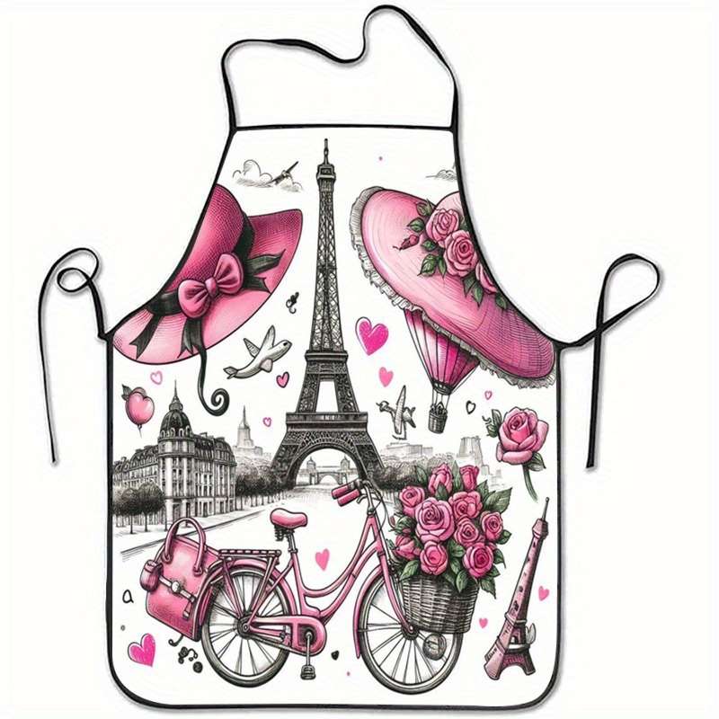 1pc Paris Theme Sleeveless Polyester Apron with Pink Accents Romantic Eiffel Tower Vintage B