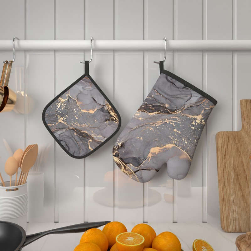 2pcs Grey Marble Pattern Polyester Oven Mitts Heat Resistant Potholders Machine Washable Wov