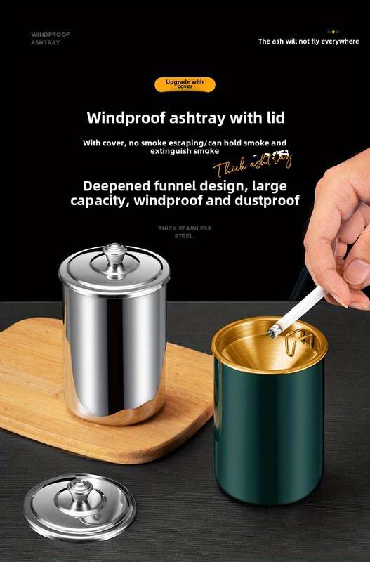 1pc Stainless Steel Home Living Room With Cover Ashtray Hotel Anti-fly Ash Drop-proof And Windproo