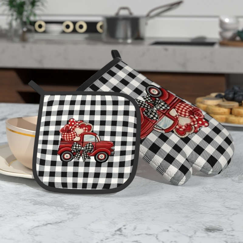 2pcs 26.92x17.02 cm Oven Mitts And Potholders Happy Valentine's Day Black and white checkered T