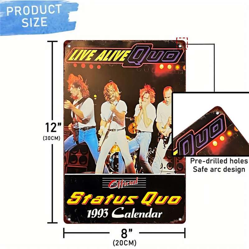 1pc  Status Quo Live Alive 1993 Calendar Metal Tin Sign 20.32cm x 30.48cm Vintage Rock Band