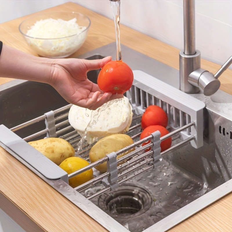 1pc Expandable Stainless Steel Over-The-Sink Dish Rack Drainer Basket Collapsible Kitchen Organ