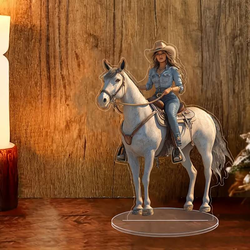 1pc 2D Flat  Acrylic Cowboy Riding Horse Statue Classic Western Style Transparent Collectible No
