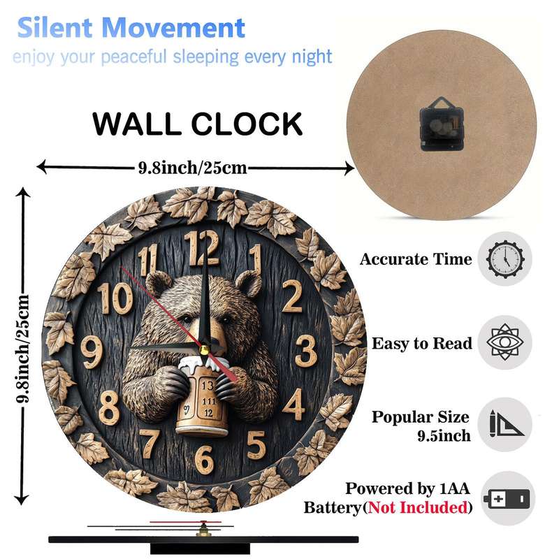 1pc Rustic Wooden Bear with Beer Wall Clock Silent Movement Round Farmhouse Decor Battery Op