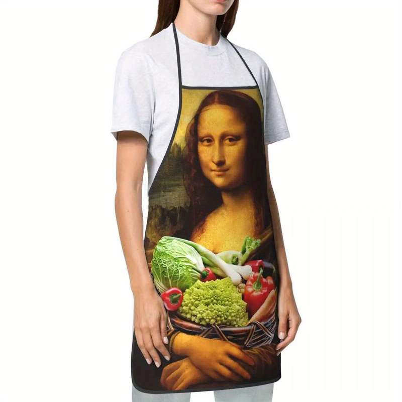 1pc Funny Mona Lisa Loves Vegetables Apron Humorous Artistic Design 100% Polyester Bib Apron