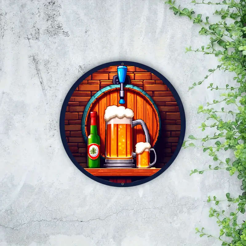 1pc Rustic Beer Barrel Metal Sign Aluminum Wall Hanging Decor with Mug and Bottle Design Waterproof