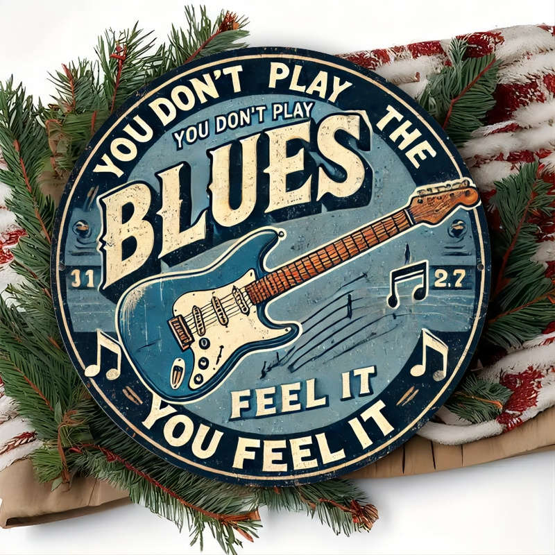 1pc  Vintage Blues Guitar Metal Sign 20.32X20.32 cm Iron Wall Hanging Decor Retro Circular Tin