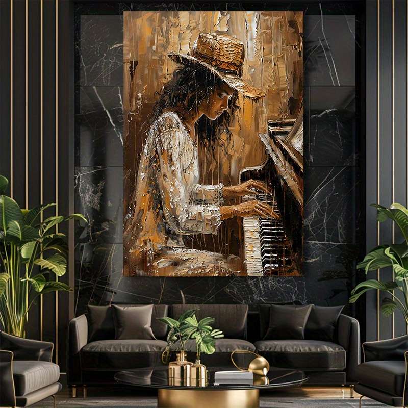 1pc 23.62x35.43in 60cmx90cm Frameless Modern Abstract Women Playing Piano Wall Art Canvas Paint
