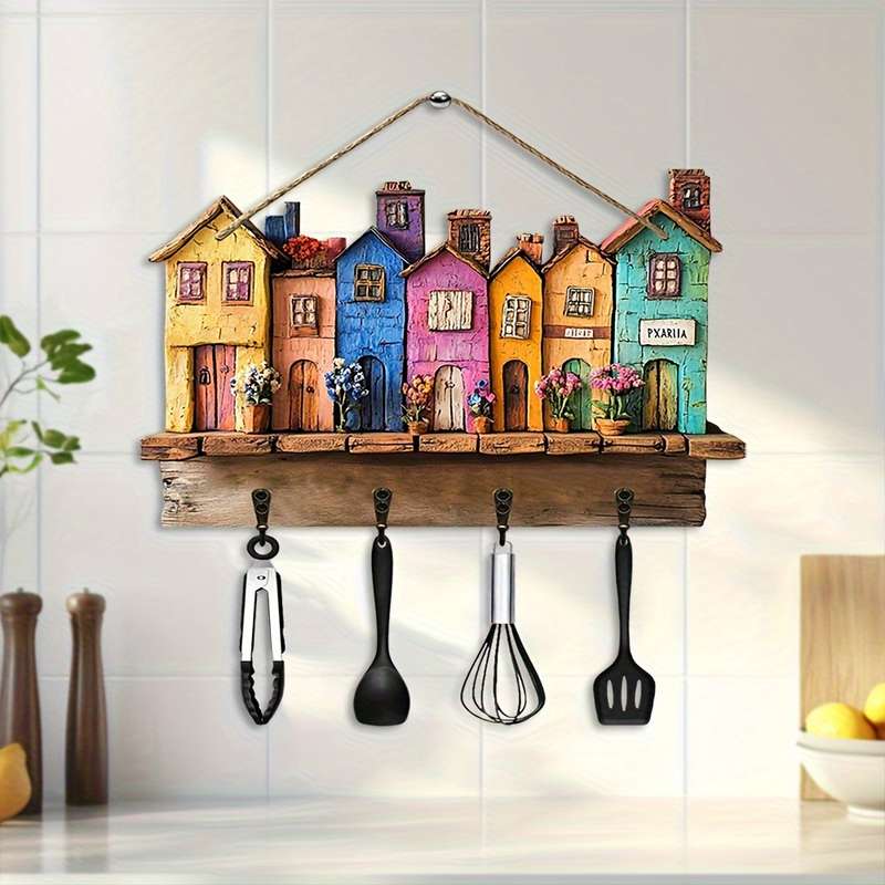 1pc Classic Home Wooden Wall Keychain 29.97cm X 22.86cm with 4 Metal Hooks Multipurpose Home Deco