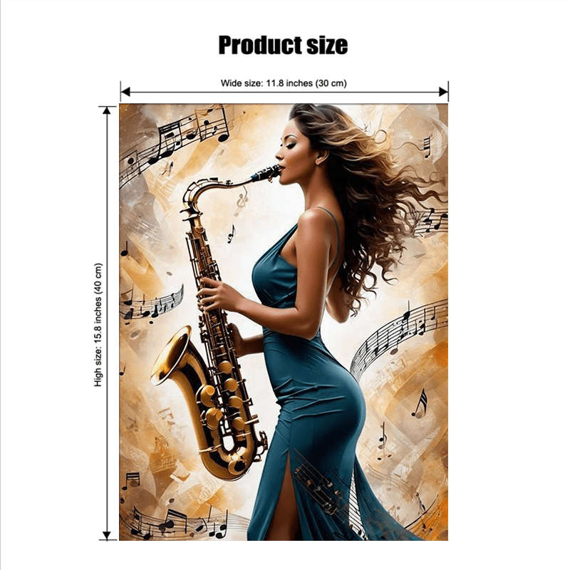 1pc  Stylish Saxophone Player Canvas Art Graceful Female Musician in Teal Dress with Flowing Hai