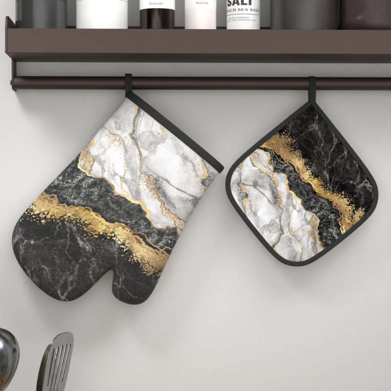 2pcs Marble Pattern Oven Mitt Set 26.92x17.02 cm Heat Resistant Polyester Kitchen Gloves and
