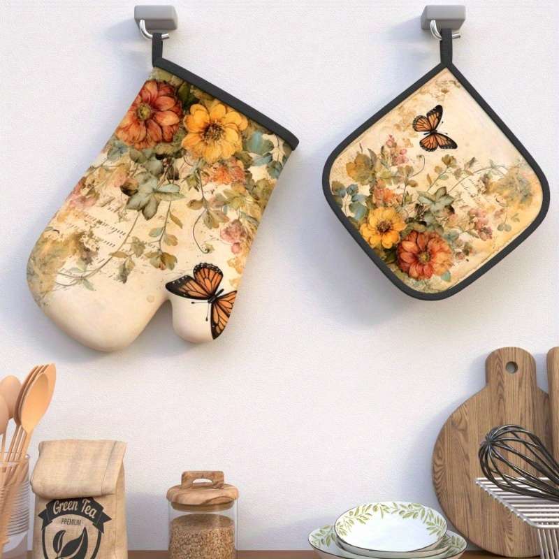 2pcs Vintage Floral Butterfly Heat-Resistant Oven Mitts 26.92x17.02 cm Polyester Kitchen Gl