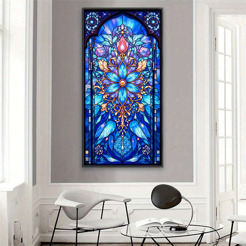 1000pcs Jigsaw Puzzle Vibrant Blue Floral Stained Glass Door Design 20.32x10.16 cm