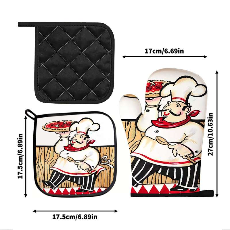 2 piece set Kitchen Oven Gloves and Hot Pads Pizza Chef Design for Kitchen Cooking Baking and