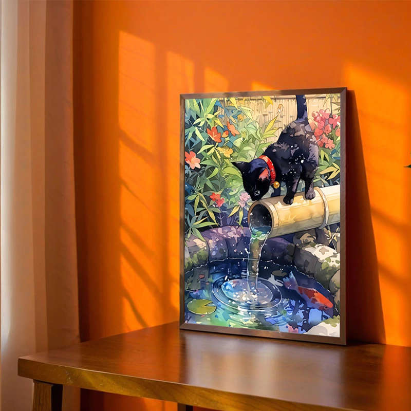 1pc Print Painting 2D Black Cat and Fish Unframed 30.48x40.64cm Canvas Art Creative and Impressive H