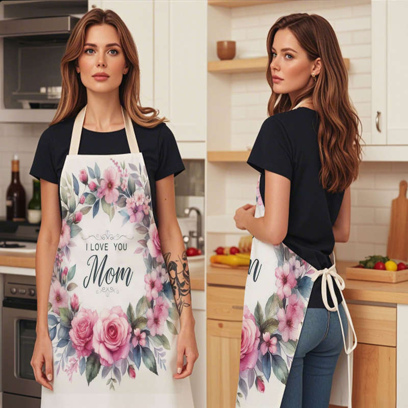 1pc Single-Piece Apron Floral Design with "I Love You Mom" Message Durable Polyester Unisex Kitc